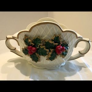 Vtg Christmas Planter Holly Handles